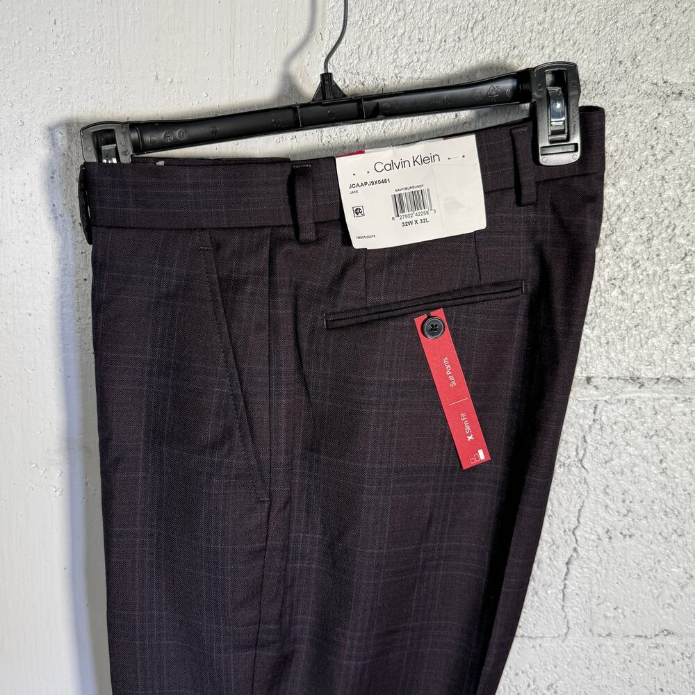 Calvin Klein Men's Slim Wool-Blend Stretch Plaid Suit Pant navy/burg 32x32 $200
